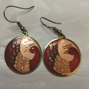 Vintage Red and Peach Peacock/Bird Gold Tone French Hook Earrings